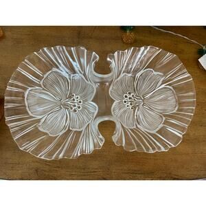 Vintage Clear Pressed Glass Double Hibiscus Tray 13"x7.5" Floral Design